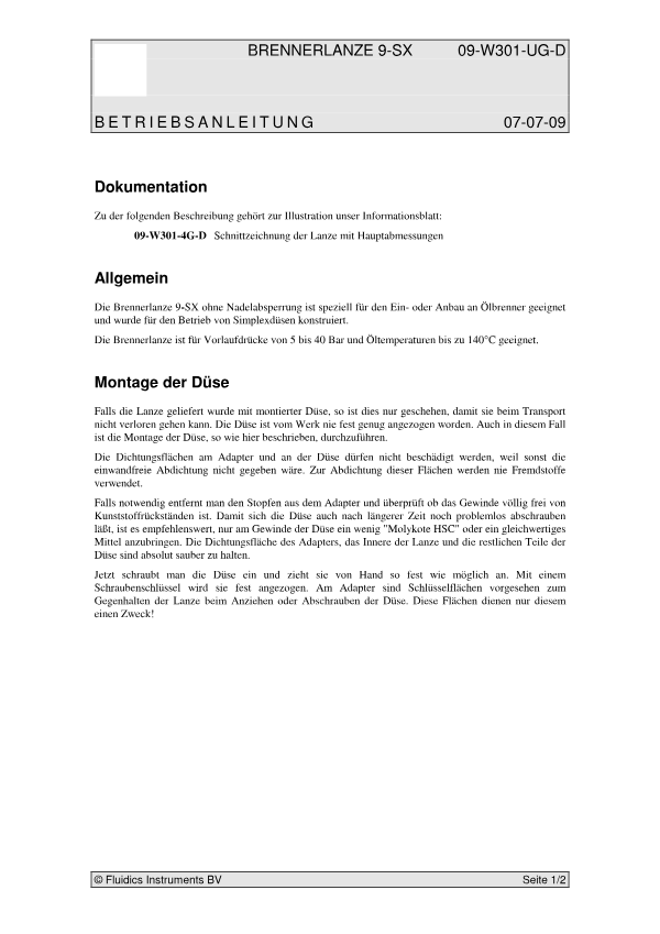 BRENNERLANZE 9-SX BETRIEBSANLEITUNG