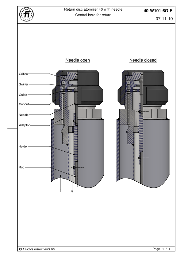 Return disc atomizer 40 with needle Central bore for return